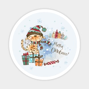 Watercolor Cat on Presents Christmas Magnet